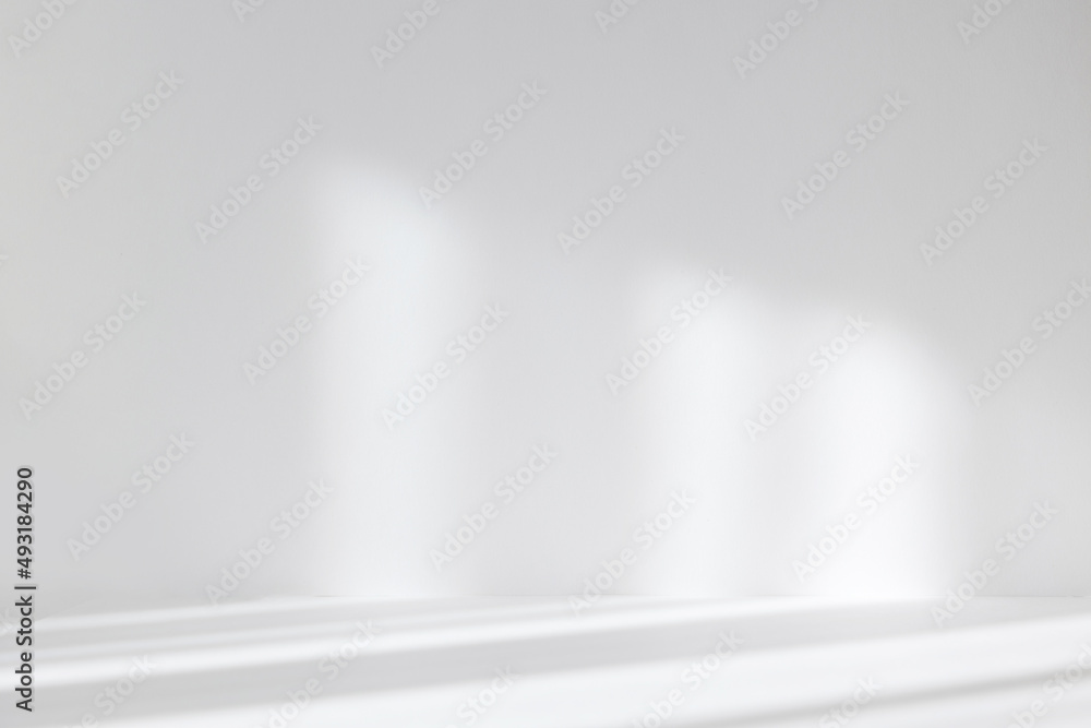 Poster Abstract white studio background for product presentation. Empty room with shadows of window. Display product with blurred backdrop. Soft focus