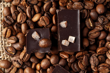 roasted coffee beans with black chocolate