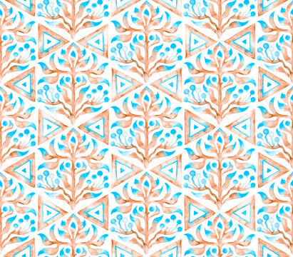 Seamless moroccan pattern. Ogee vintage tile. Blue, orange and white watercolor ornament painted with paint on paper. Handmade. Print for textiles. Set grunge texture.