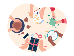 Top view of hands of children making creative crafts. People scrapbooking, sewing or doing embroidery, drawing in workshop, handmade works flat vector illustration. DIY, creativity, craftwork concept