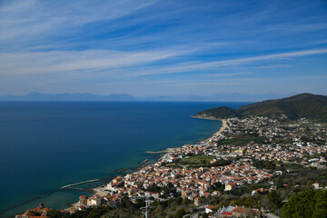 Fototapeta na wymiar Panoramic view of the coast from Castellabate, town in Salerno province, Italy.