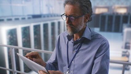 It Specialist Use Digital Pad in Big Server Farm Cloud Computing Facility or Mining center,...