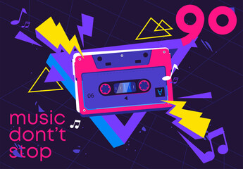 Vector illustration themed party return to the 90s, retro audio cassette with active geometric background