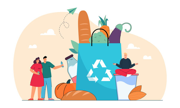 Organic Food In Bag And Tiny People With Eco-friendly Lifestyle. Green Future, Shopping Bag With Recycle Symbol Flat Vector Illustration. Environment, Zero Waste, Recycling Concept For Banner