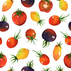 Fresh tomatoes seamless watercolor pattern. Hand drawn illustration on white background. Garden vegetables - red, black, yellow tomatoes, cherry. Backdrop for decoration, menu design, shop, market