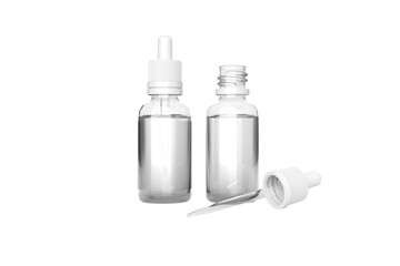 Closed and open Dropper bottle mockup isolated on background. Ampoule with pipette and dispenser, small bottle for cosmetics. 3d rendering.