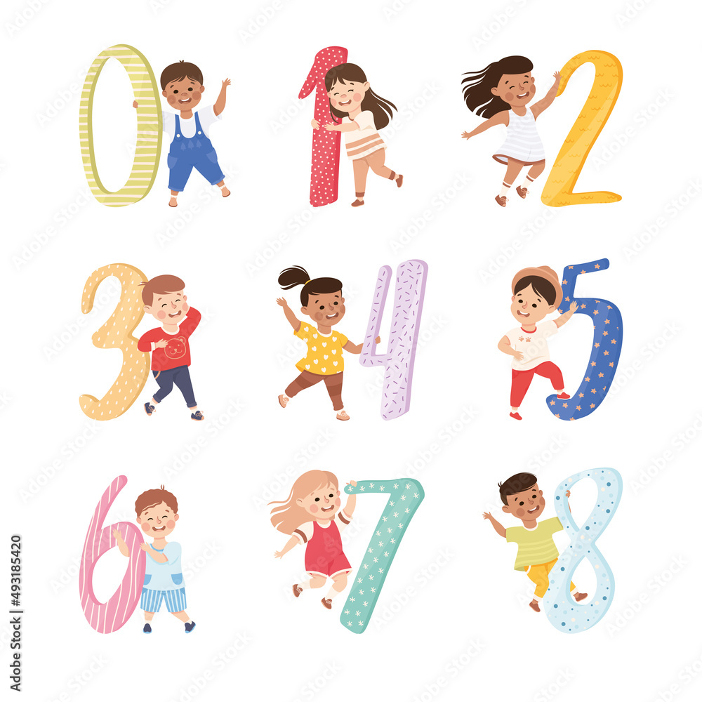 Poster little children holding number or numeral learning basic counting vector set