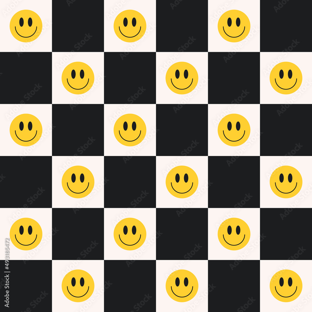 Poster Funny smile faces on black white checkerboard seamless pattern. Abstract geometric pattern in style retro 60s, 70s. Vector cartoon character illustration.