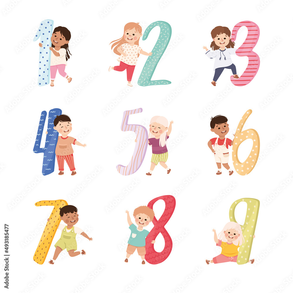 Poster little children holding number or numeral learning basic counting vector set