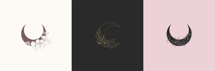 Boho moon. Flowers in trendy linear minimal style,print poster or card set, outline emblem or logo, jewelry, cosmetics, beauty and tattoo, mystery feminine, esoteric and astronomy vector illustration