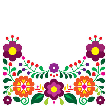 Mexican Folk Art Style Vector Floral Greeting Card Or Invitation Design, Colorful Pattern With Flowers Inspired By Traditional Embroidery From Mexico
 