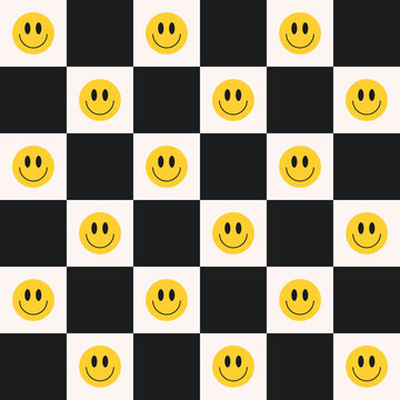 Funny smile faces on black white checkerboard seamless pattern. Abstract geometric pattern in style retro 60s, 70s. Vector cartoon character illustration.