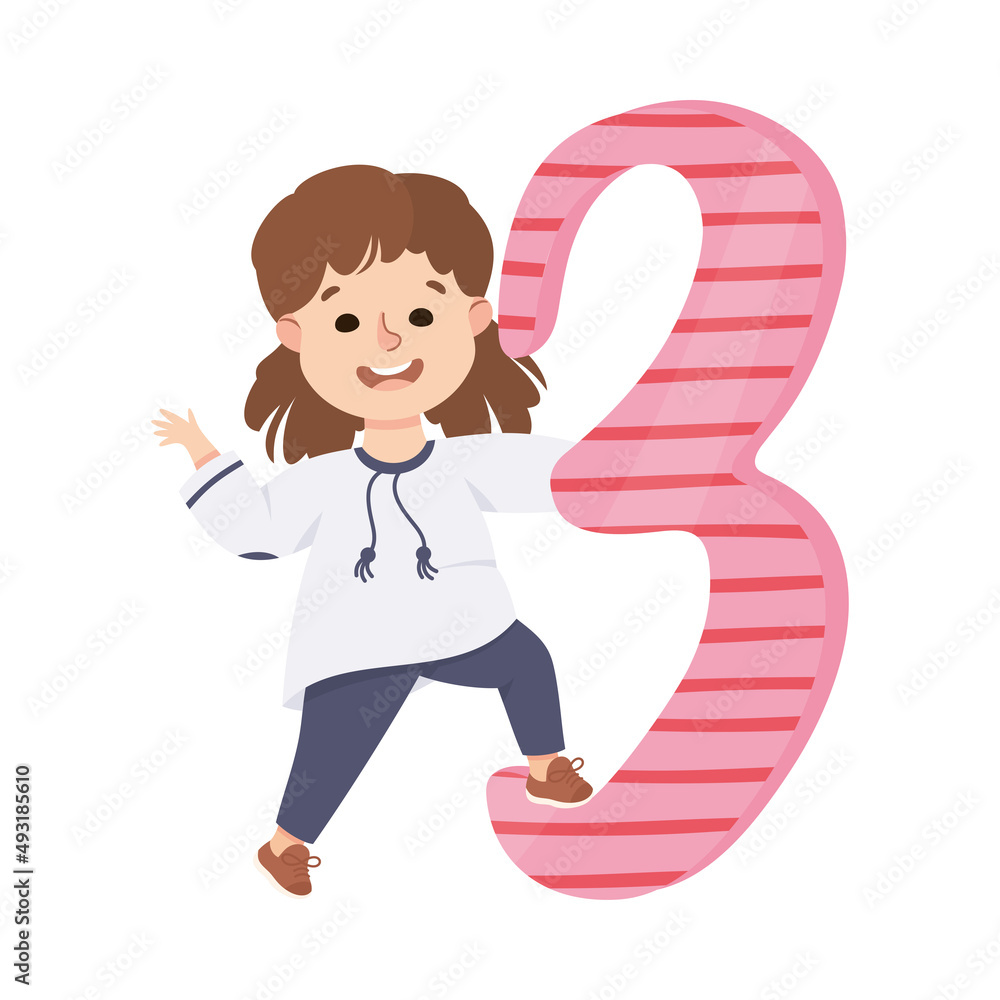 Poster little girl with huge number three or numeral learning basic counting vector illustration