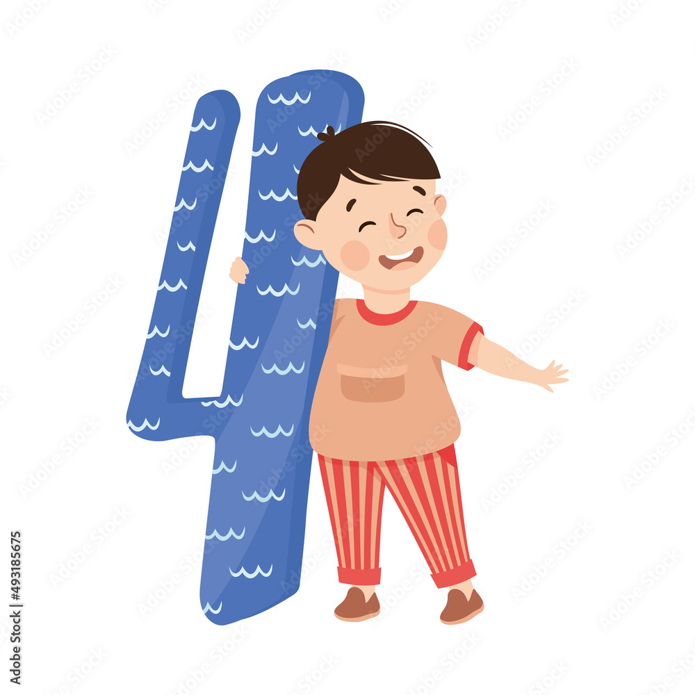 Poster Little Boy with Huge Number Four or Numeral Learning Basic Counting Vector Illustration