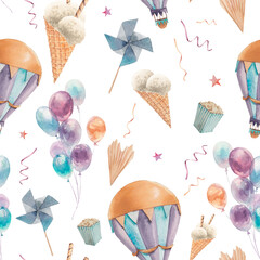 Summer festive seamless pattern. Repeating texture with hot air balloon, ice cream, confetti. Celebration wallpaper design