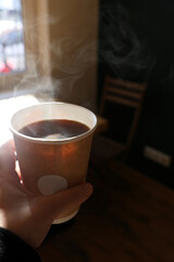 paper, craft, glass, coffee to go, paper cup, paper coffee, black, americano, hot, steam, sunny day, sun, invigorating, aroma, morning