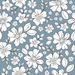 Seamless vintage pattern. White flowers and leaves, black outline. Gray-blue background. vector texture. fashionable print for textiles, wallpaper and packaging.
