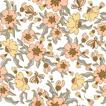 Modern floral pattern, large flowers, and butterflies. Seamless pattern. Modern design for paper, cover, fabric, decor, print. On an isolated white background pastel colors.