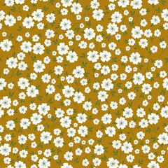 Seamless vintage pattern. white flowers, green leaves. mustard  background. vector texture. fashionable print for textiles, wallpaper and packaging.