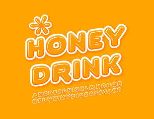 Vector tasty Emblem Honey Drink. Cute Yellow and White Font. Artistic Alphabet Letters and Numbers