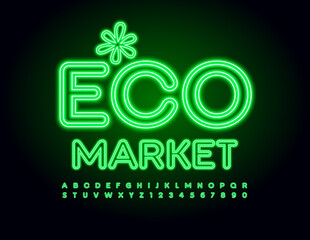 Vector  Neon Signboard Eco Market with decorative Flower. Glowing Font. Bright Green Alphabet Letters and Numbers