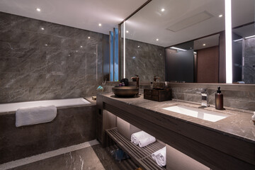 Interior of a modern bathroom with Marble material.