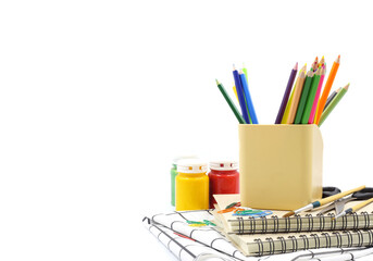 Set of colorful school stationery on white background