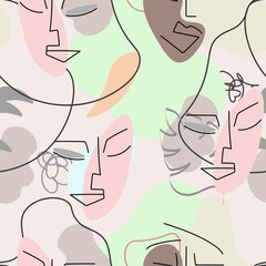 One line drawing. Abstract face seamless pattern.