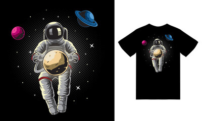 Astronaut holding planet on space illustration with tshirt design premium vector