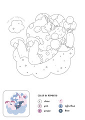 Cute coloring page for kids. Kind Vector coloring by numbers with unicorn and clouds. For girls. Isolated.