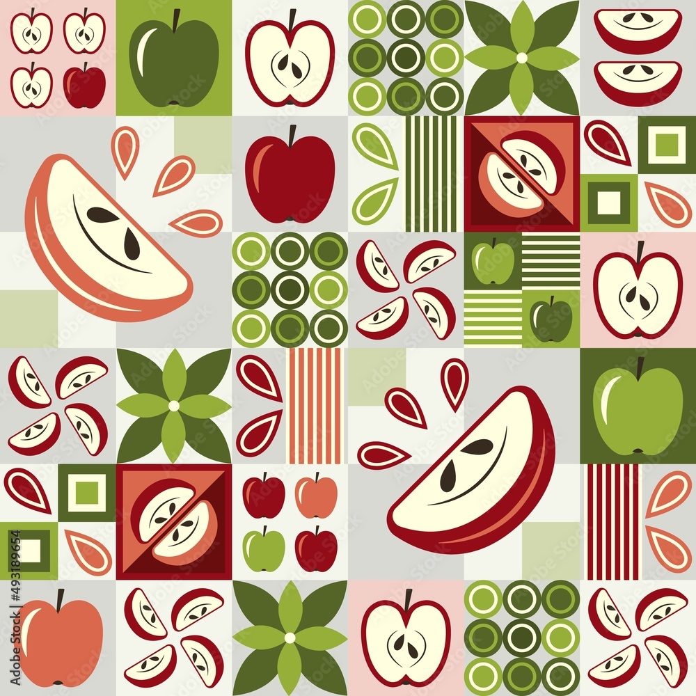 Aufkleber seamless background with apples and abstract geometric shapes. simple minimal style. good for brandi