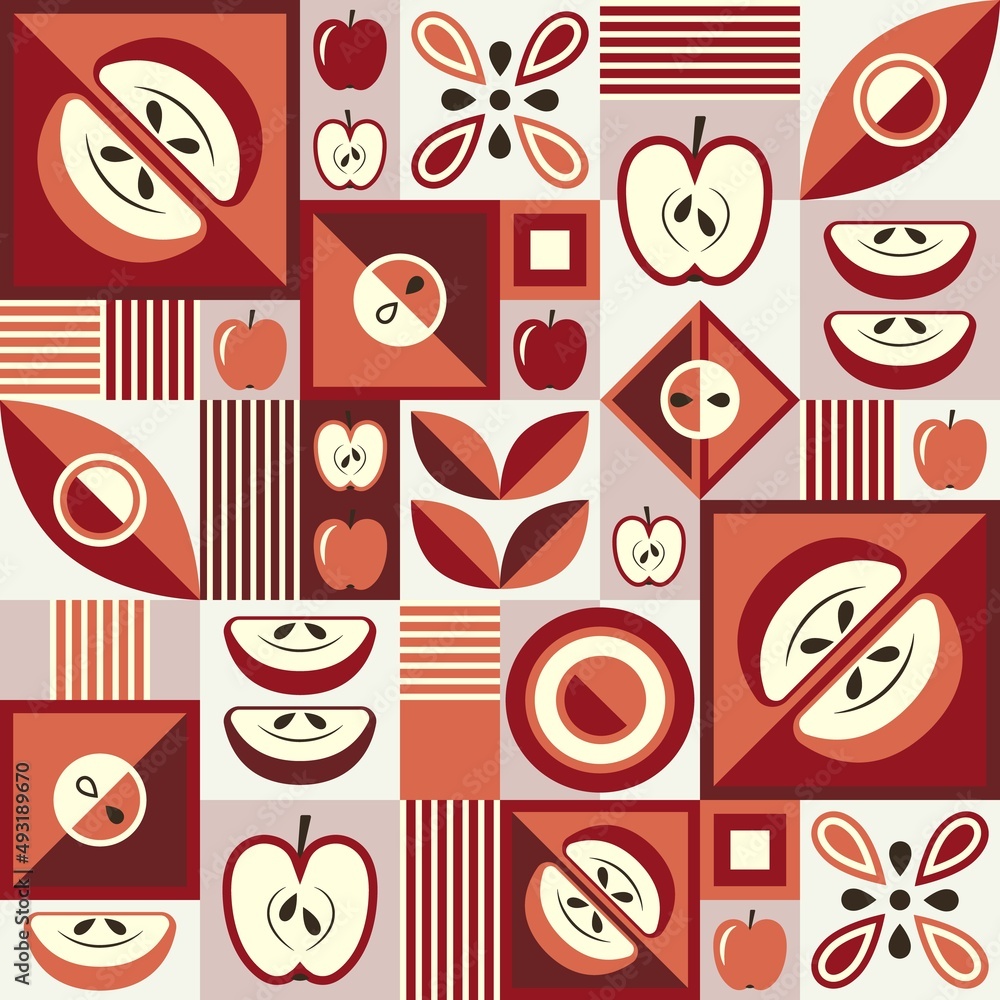 Aufkleber red seamless background with apples and abstract shapes in simple geometric style. good for branding