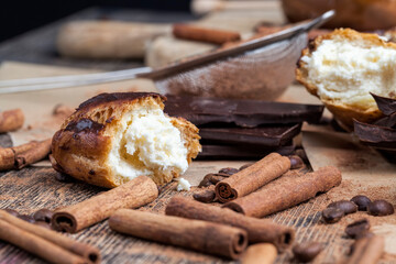 custard cake with cream, chocolate and other sweets
