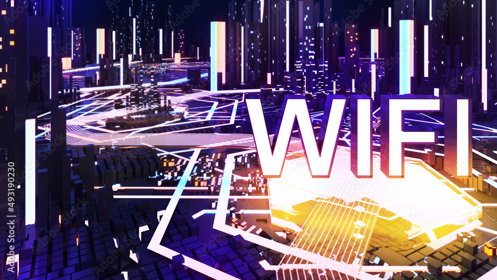 Aufkleber wireless communication network,wifi network connection concept in cyber city,cyberpunk futuristic ba