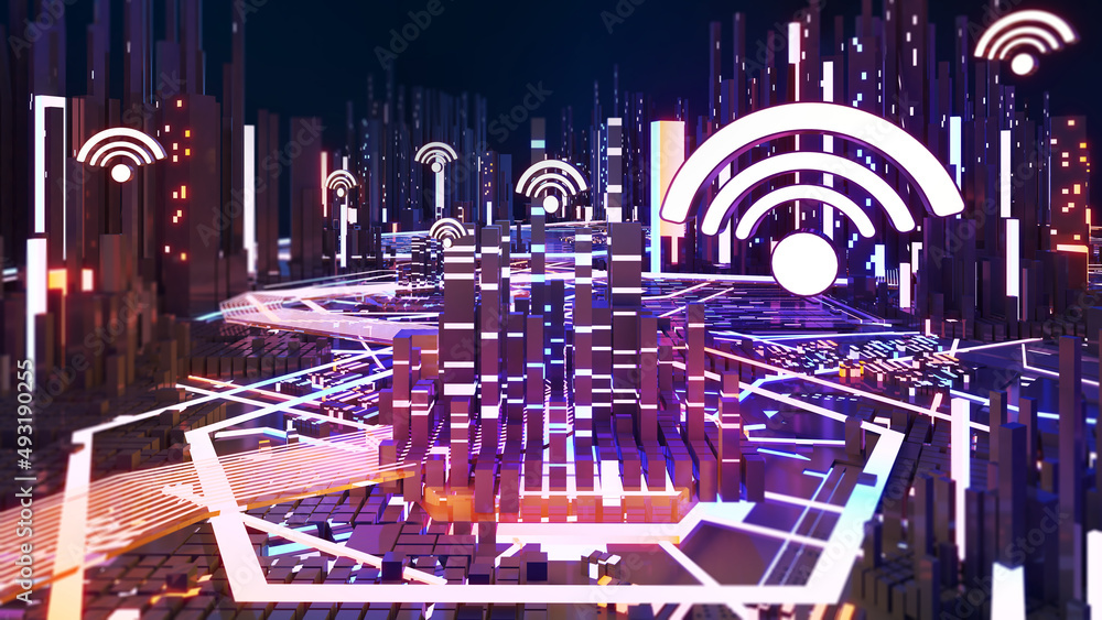 Poster wifi icon and network connection concept in cyber city,wireless network,cyberpunk futuristic backgro