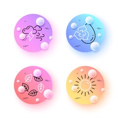 Recycle water, Bad weather and Organic tested minimal line icons. 3d spheres or balls buttons. Sun icons. For web, application, printing. Refill aqua, Clouds, Bio ingredients. Summer. Vector