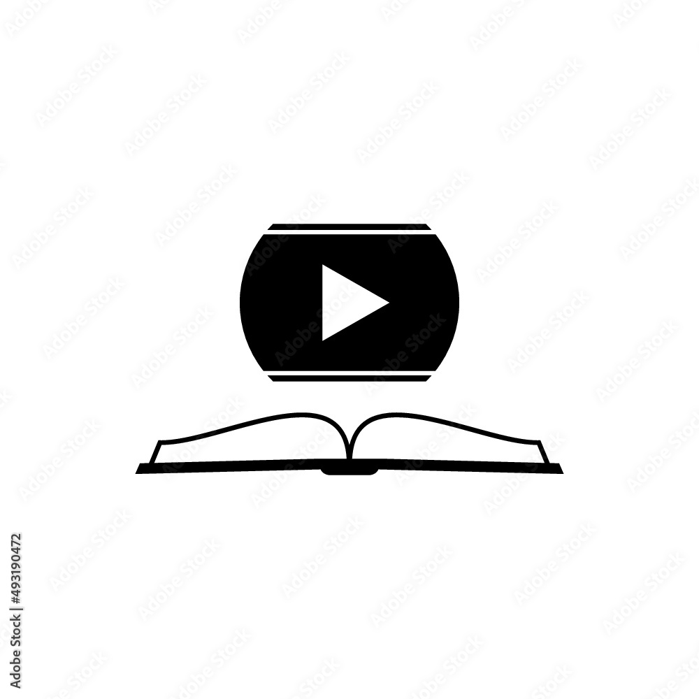 Poster video tutorial icon. book and player icon isolated on white background