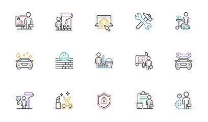 Professional services line icons. Car repair, Home cleaning, Engineering service line icons. Builder and Painter, Wrench tool with hammer, Car wash. Online services. Vector