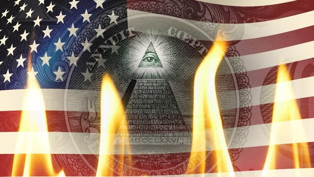 Pyramid on a banknote of 1 US dollars bill with glowing freemasons eye on top on fire in flames against the background of a waving US flag. 4k raw video. Financial crisis idea, conspiracy theory.