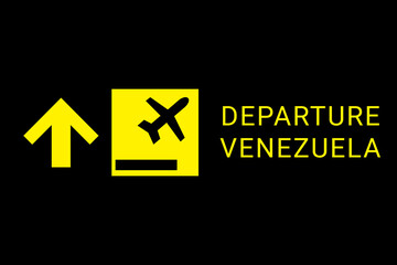 Obraz premium Departure Venezuela on airplane. Concept of air flight in Caracas , capital Venezuela . Departure to Venezuela travel. Aeroport board. Yellow logo on a black background.