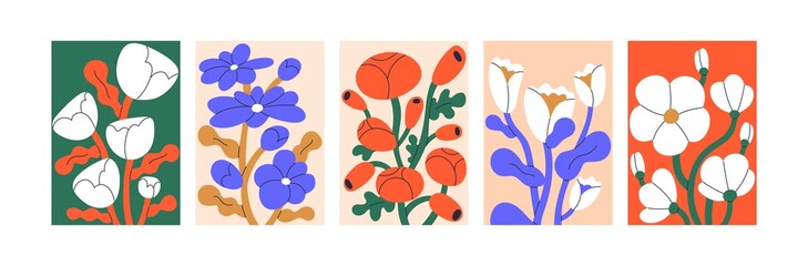 Contemporary posters, wall art designs with abstract flowers. Trendy Matisse-inspired floral paintings set. Creative vertical placards for interior. Modern artworks. Colored flat vector illustrations