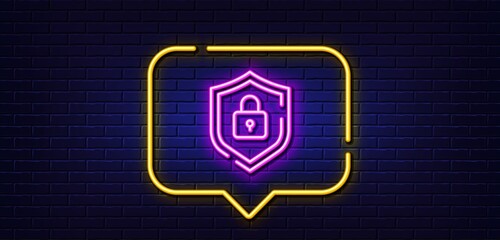 Neon light speech bubble. Shield line icon. Privacy secure sign. Safe defense symbol. Neon light background. Shield glow line. Brick wall banner. Vector