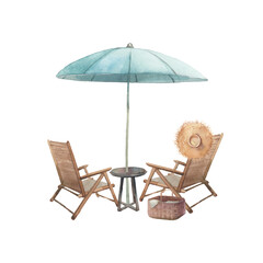 Watercolor beach lounge set. Hand drawn illustration with isolated on white background objects: beach umbrella and chairs.