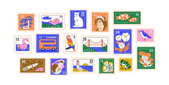Postage stamps set. Post marks designs with perforation frame. Paper mail stickers with London bus, animals, food, flowers and cosmos. Colored flat vector illustrations isolated on white background
