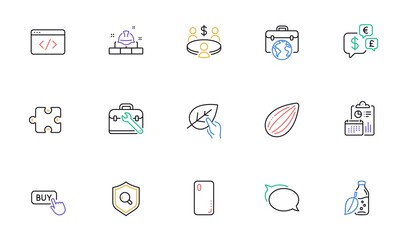 Meeting, Seo script and Talk bubble line icons for website, printing. Collection of Report, Buy button, Money currency icons. Businessman case, Smartphone cover, Tool case web elements. Vector