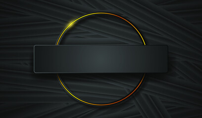 Black background, plate for text and round golden frame 
