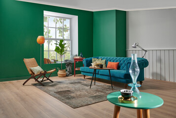Green and white living room concept, blue sofa orange pillow, middle coffee table, vase of plant,...