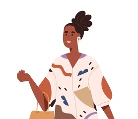 Happy black woman walking outdoors. Modern mature female going in fashion casual clothes with bag in hands. African-American person strolling. Flat vector illustration isolated on white background