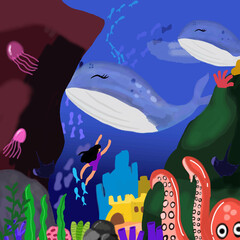 Beautiful ocean whale. Marine Life Landscape watercolor. oceans and underwater world and big whales. underwater life concept can be used for posters, T-shirts, labels, websites, postcards.