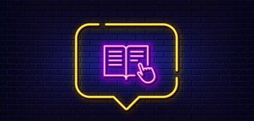 Neon light speech bubble. Instruction Book line icon. Education with hand pointer symbol. E-learning sign. Neon light background. Read instruction glow line. Brick wall banner. Vector